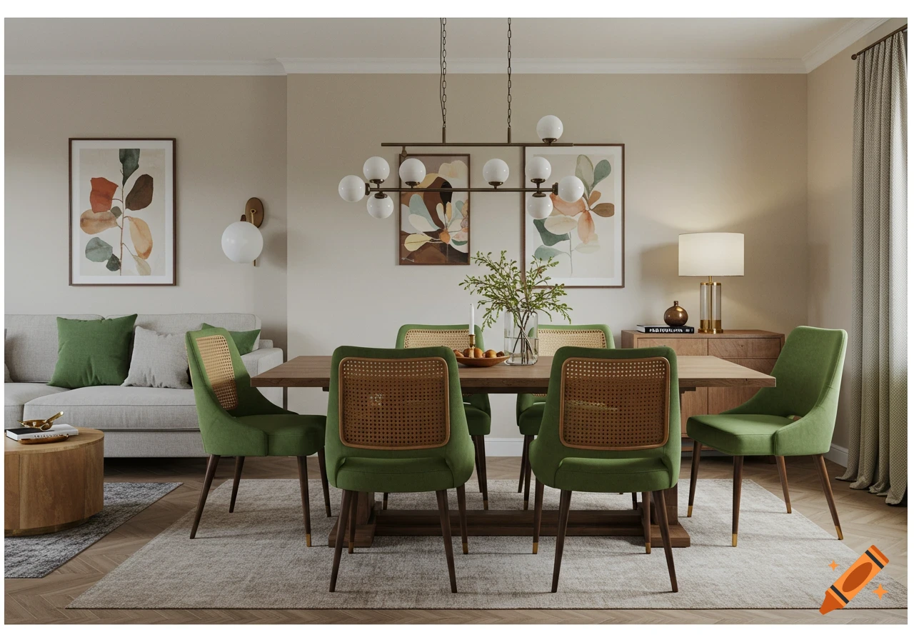 A dining table and chairs set in a living room with a sofa and abstract art.