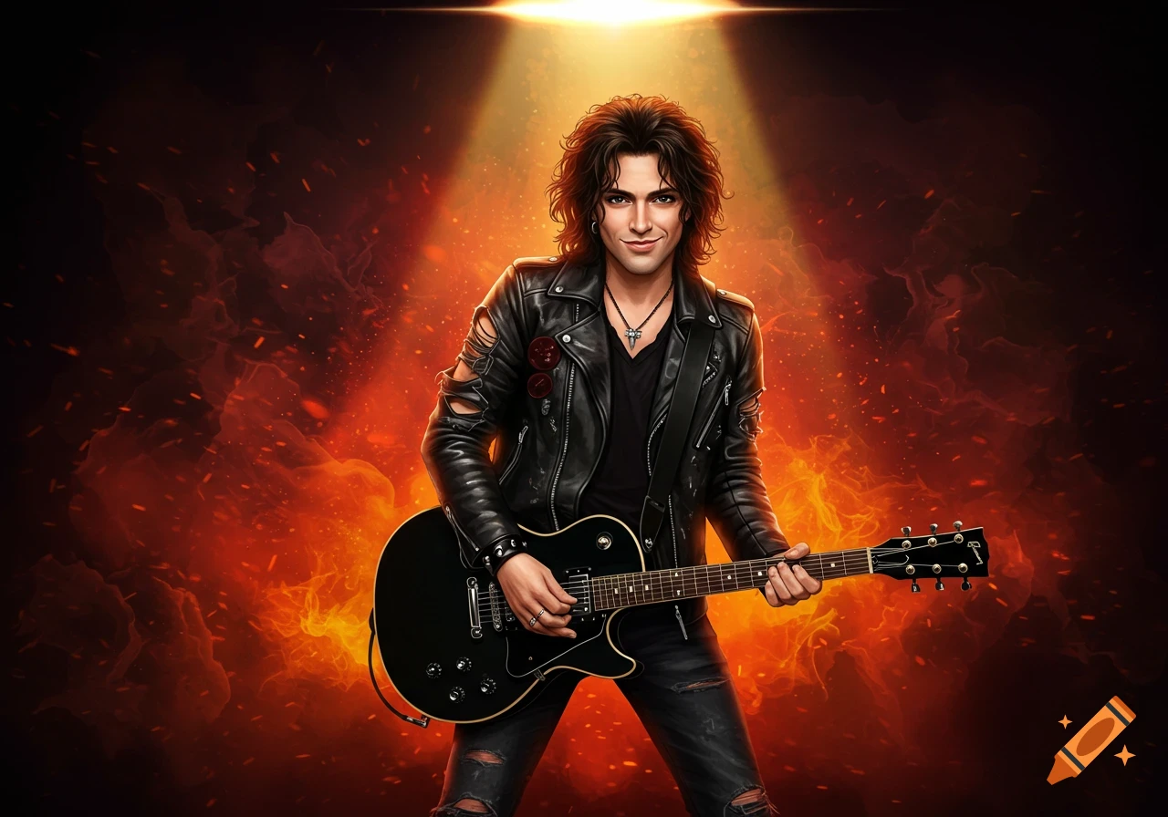 A male rock musician with dark curly hair wears a leather jacket and plays a guitar against a background of flames and light.