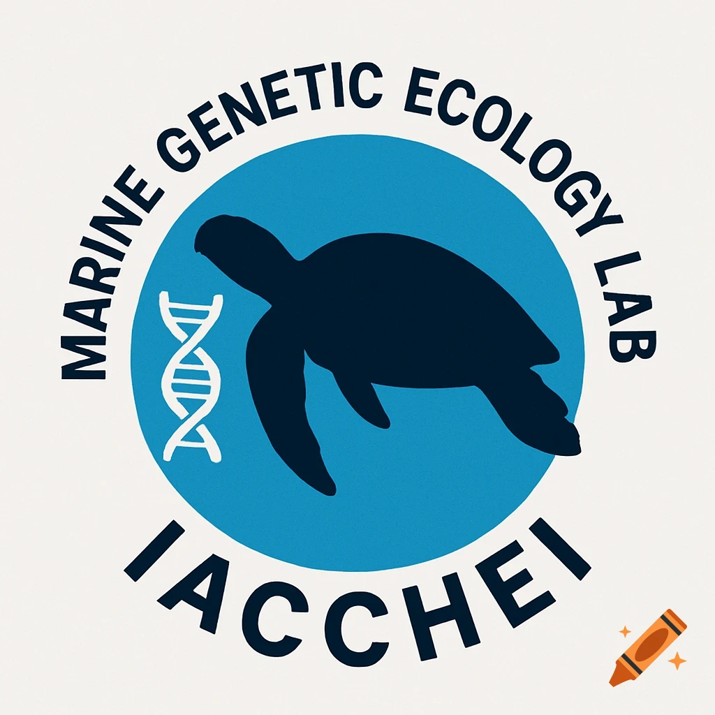 Logo with a dark sea turtle silhouette, white DNA helix, and text 'MARINE GENETIC ECOLOGY LAB IACCHEI' on a blue circle.