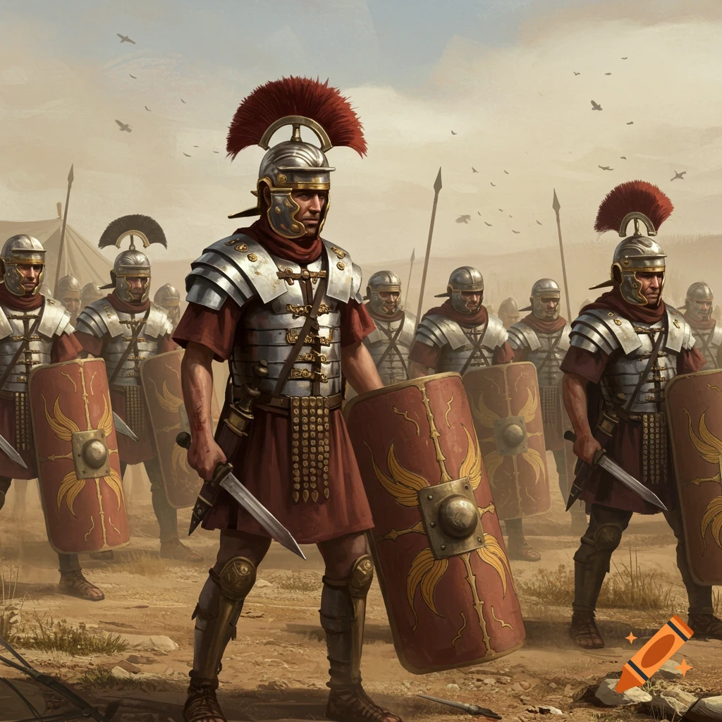 Roman legionaries stand in formation in a dusty landscape.