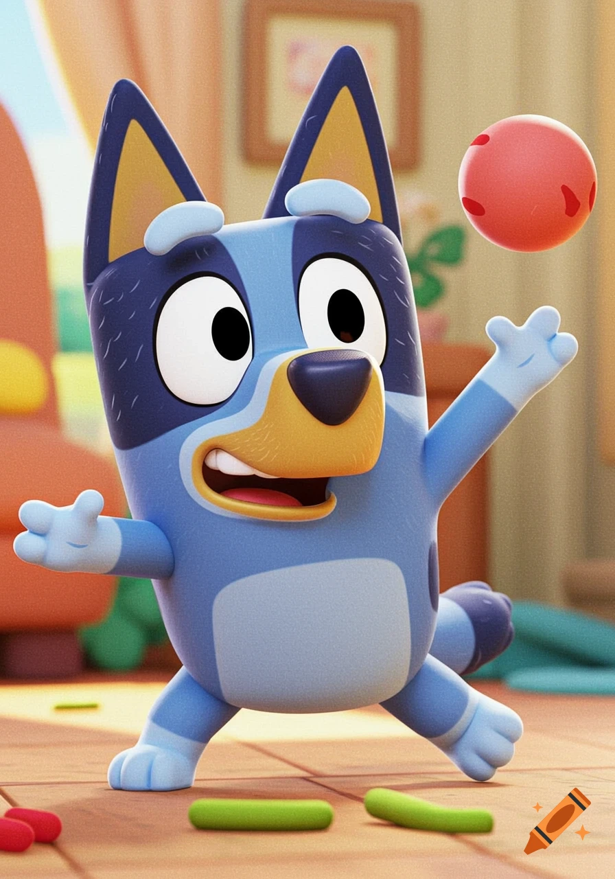Blue cartoon dog character reaches for a red ball in a room.