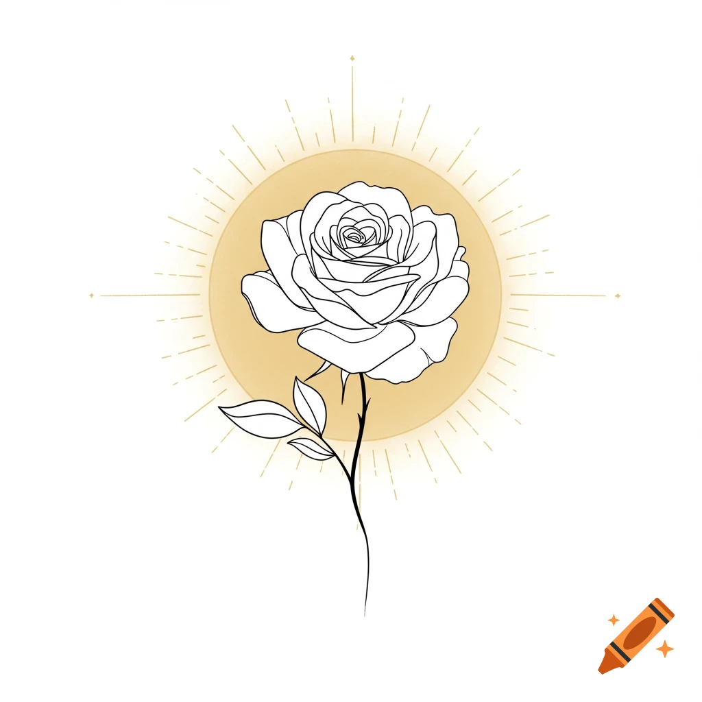 Line drawing of a rose with a radiant yellow aura.