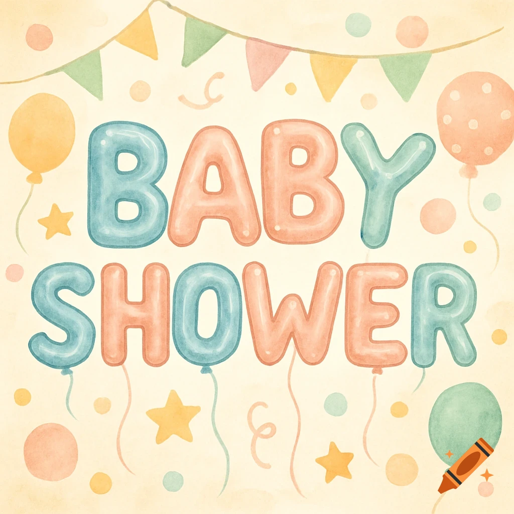 Pastel watercolor illustration with balloon letters spelling BABY SHOWER and decorations.