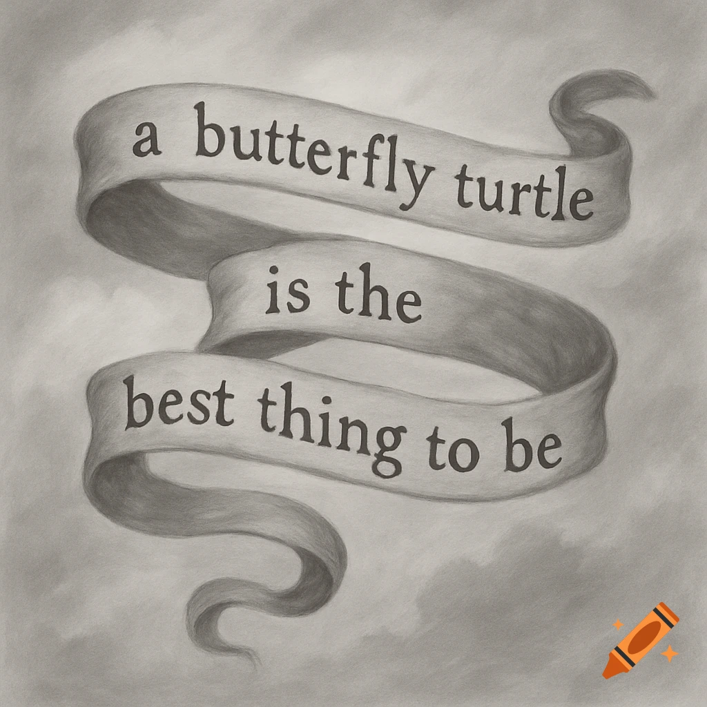 A grayscale illustration of a ribbon with the text 'a butterfly turtle is the best thing to be'.