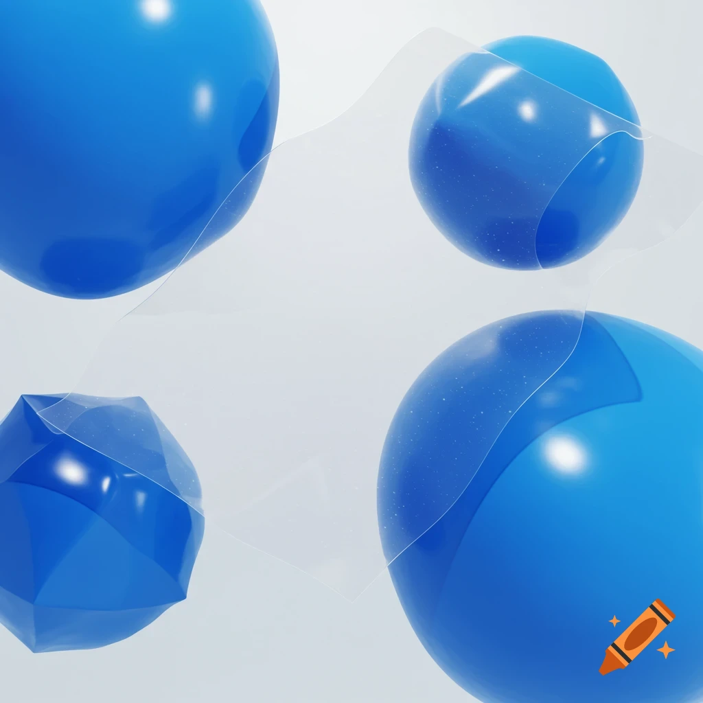 Blue geometric shapes wrapped in wrinkled transparent film with white particles on a light background.