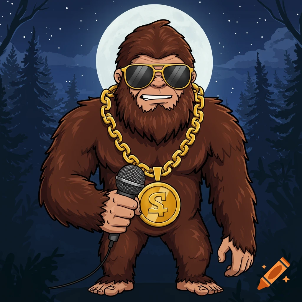 Cartoon Bigfoot rapper with sunglasses, gold chain, microphone under a full moon in a forest.