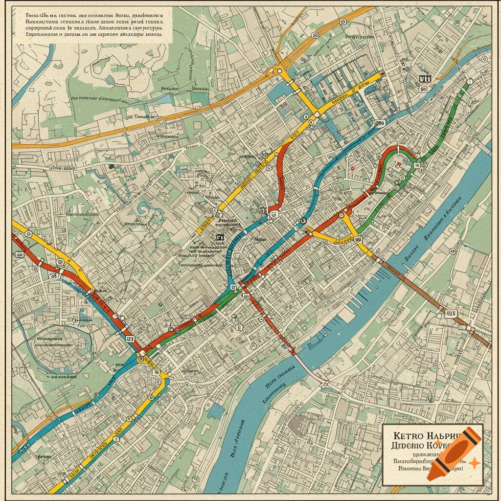 A stylized map resembling a metro system with colored lines and buildings, featuring illegible text labels.