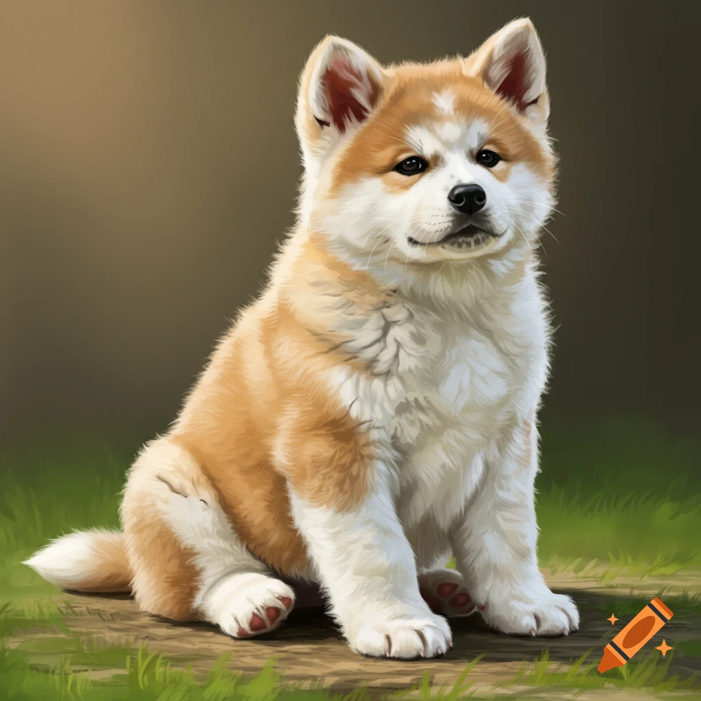 An Akita puppy sitting in grass.