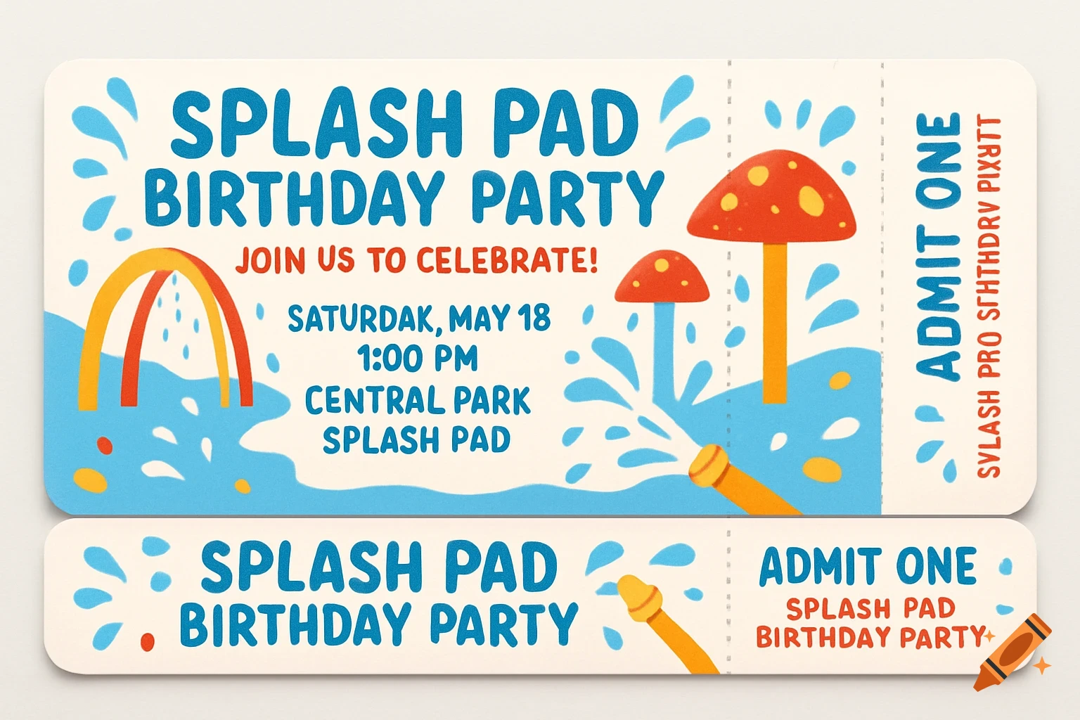 Illustration of a colorful splash pad birthday party invitation with water splashes, mushrooms, a water sprinkler, and party details.