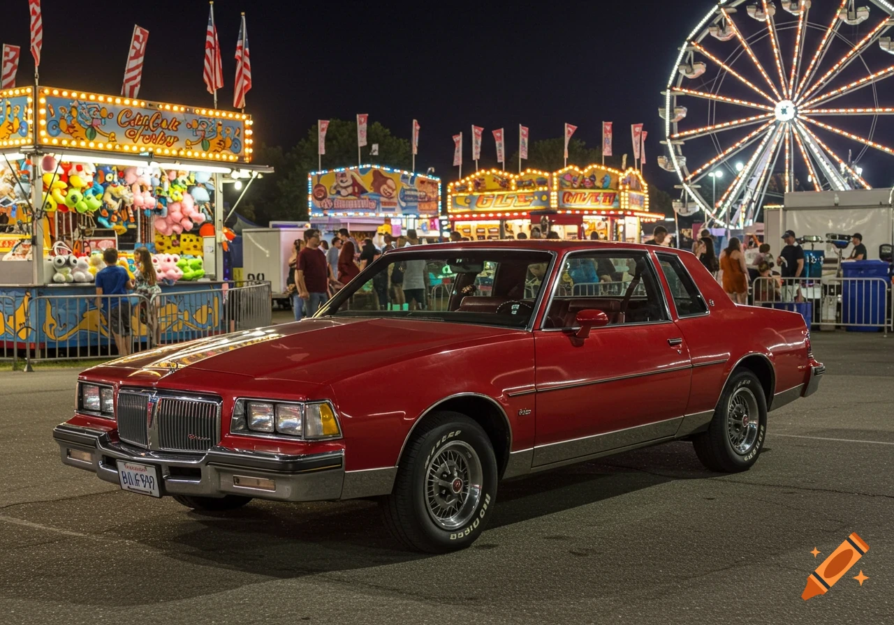 Red classic car parked at a fairground at night with a ferris wheel and illuminated stalls.