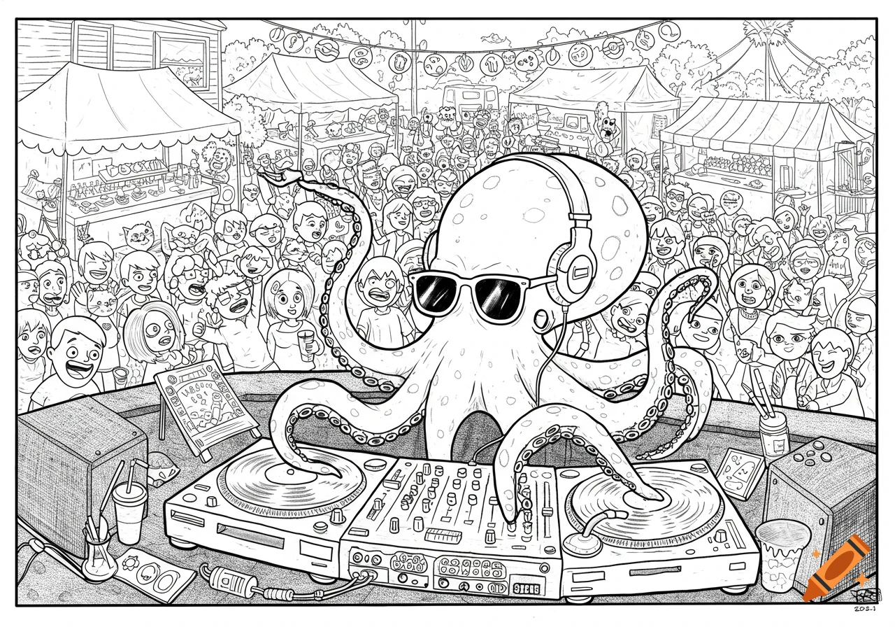 Black and white line drawing of an octopus DJing at a music festival.
