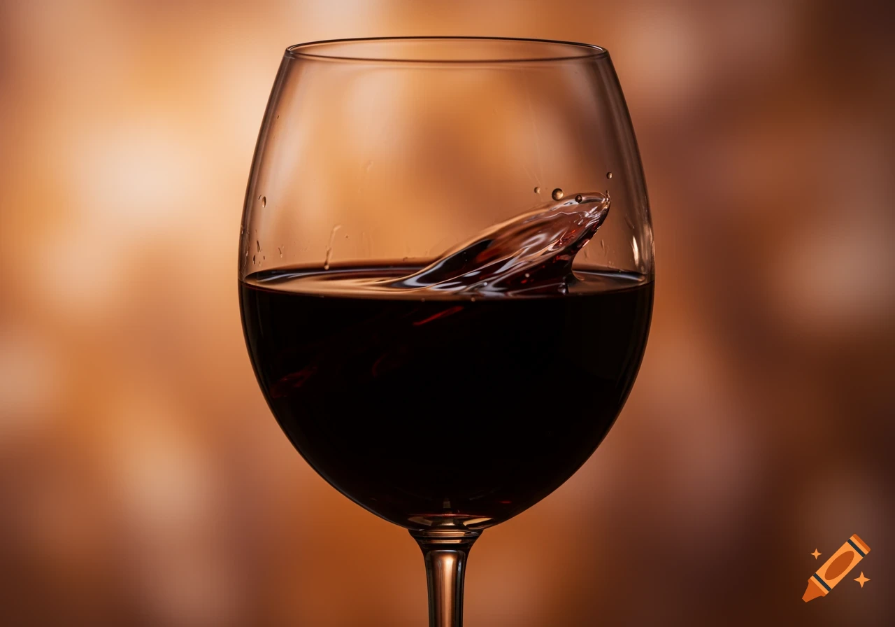 A close-up, photorealistic shot of red wine splashing in a wine glass against an orange background.