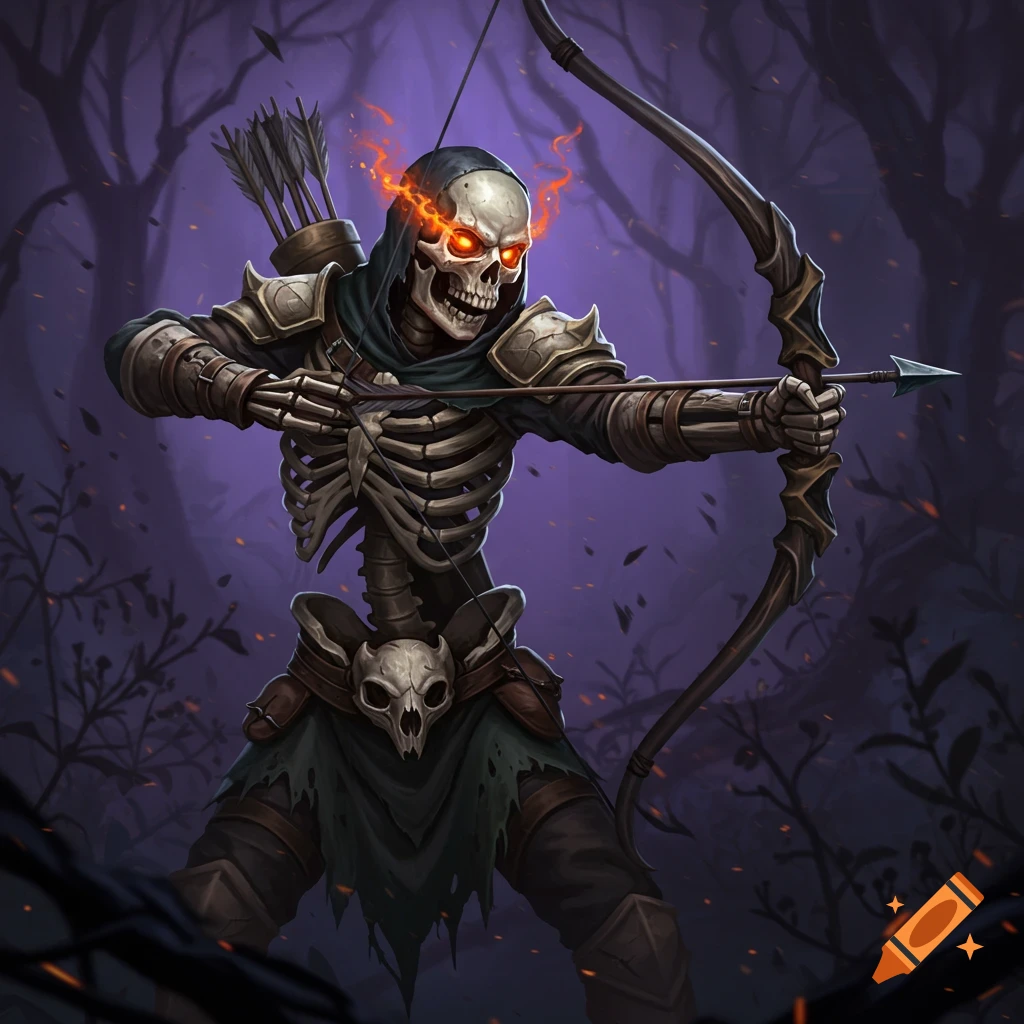 A skeletal archer with flaming eyes aims a bow in a dark forest.