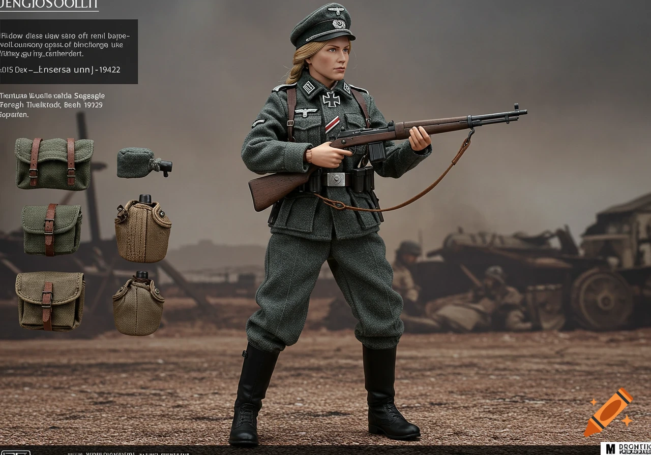 Action figure of a woman WWII German soldier in uniform holding a rifle, with accessories displayed.