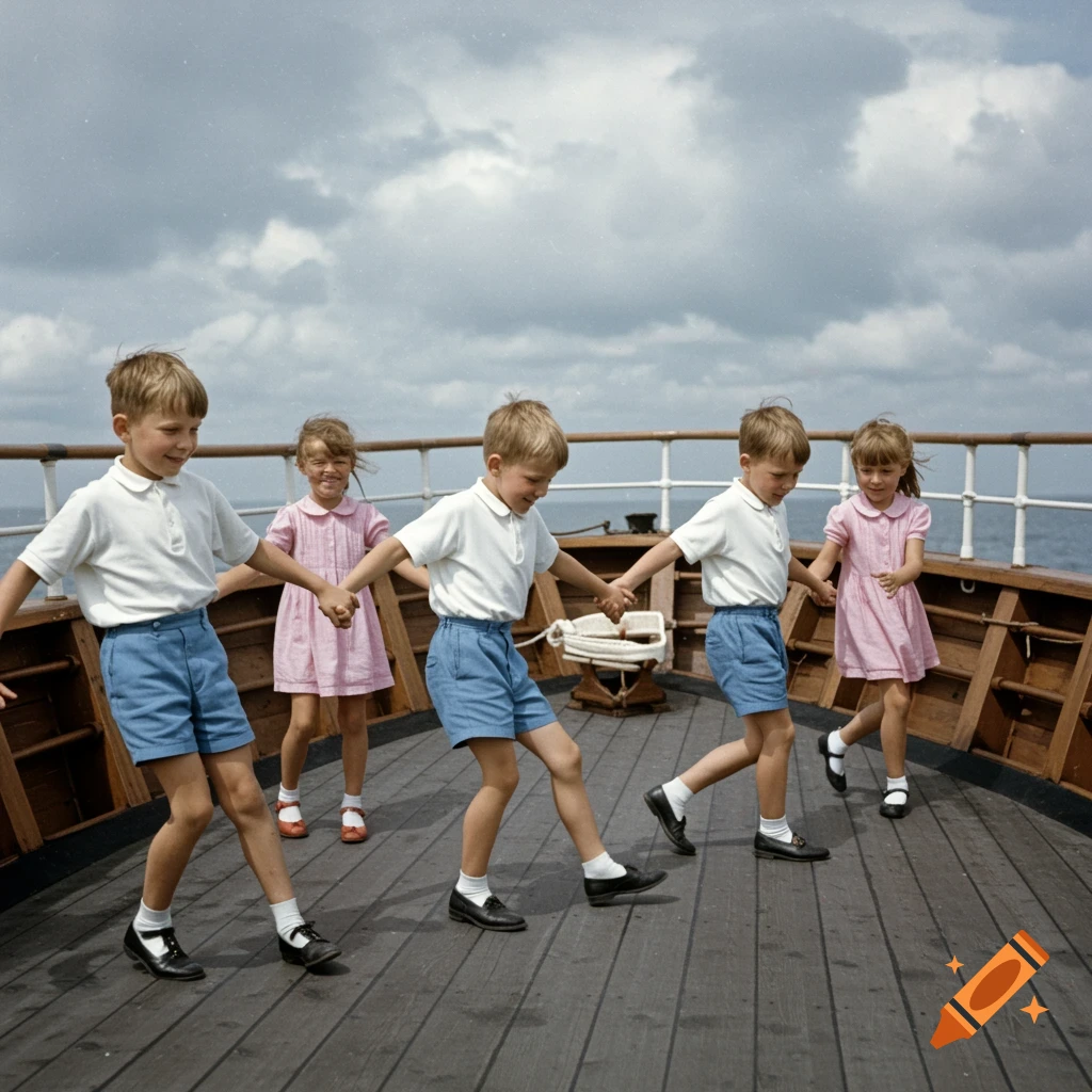 Vintage photo of five children holding hands and dancing on a ship deck under a cloudy sky.