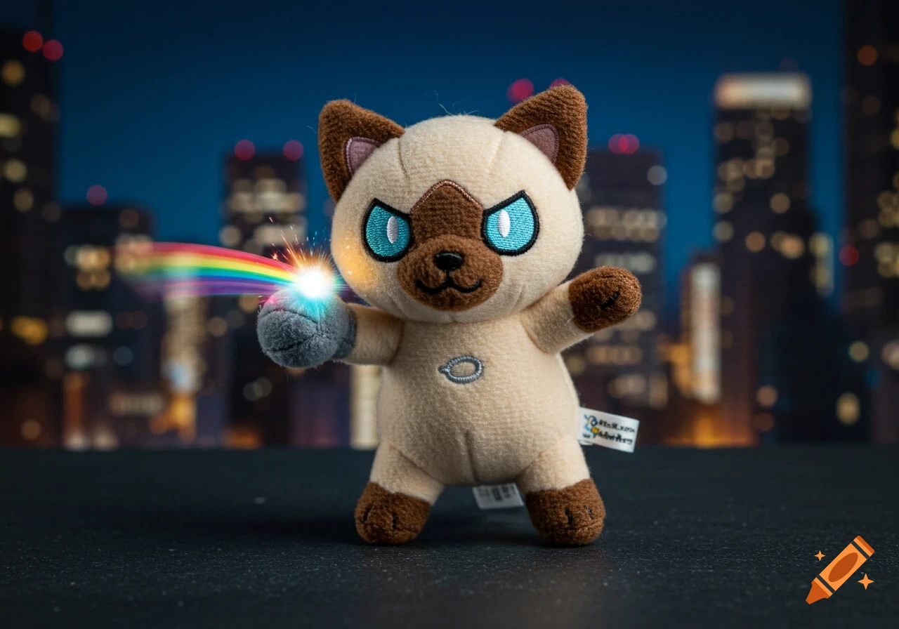 Plush toy of a Siamese cat emitting a rainbow beam against a night cityscape background.
