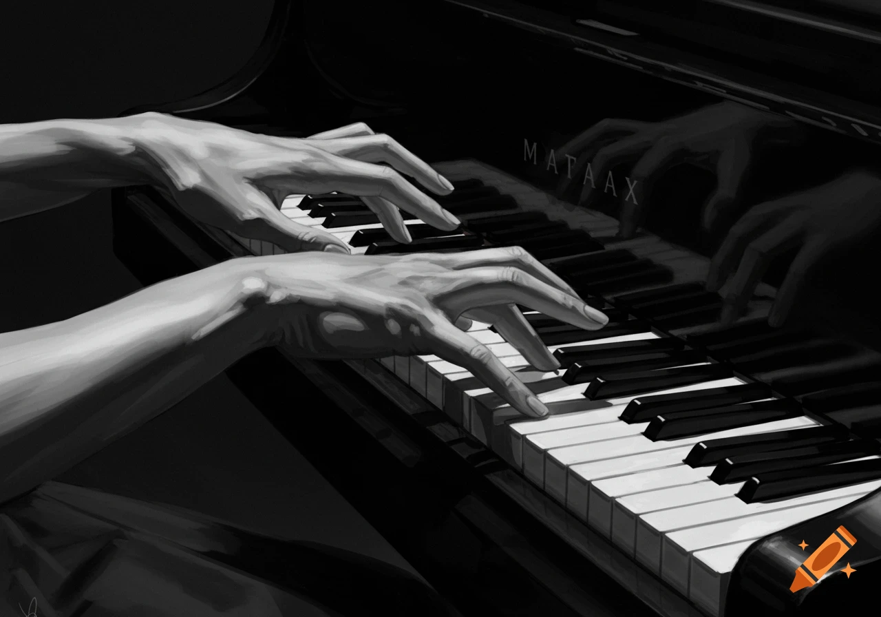 Black and white illustration of hands playing a piano.