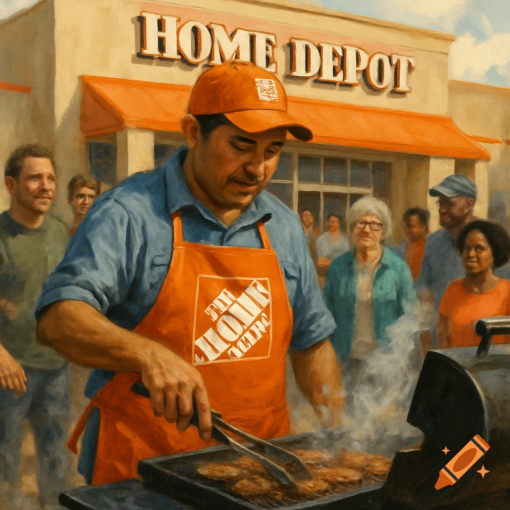 A person in a Home Depot apron grills outside a Home Depot store with customers.