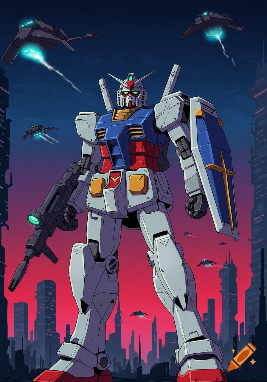 Illustration of a Gundam robot standing in a futuristic city at sunset with flying vehicles.
