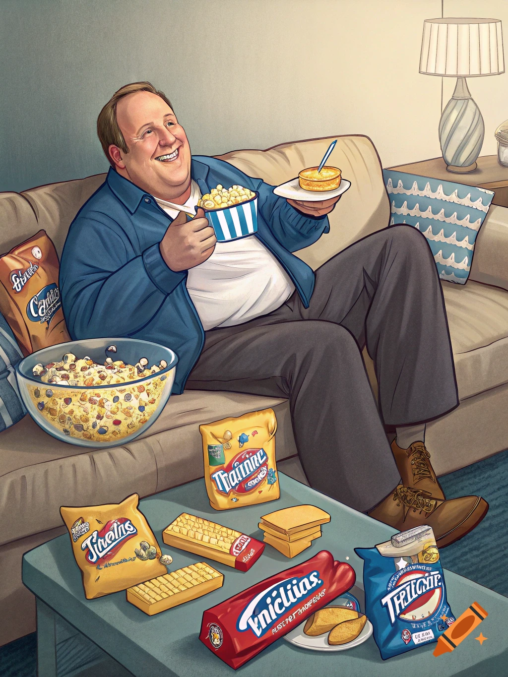 An illustration of a man sitting on a couch, smiling and eating snacks from a bowl, with snack bags on a table.
