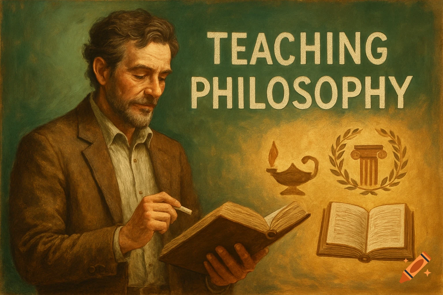 A man holds a book, with the text "TEACHING PHILOSOPHY" on a green background alongside symbols of learning, in a painterly style.