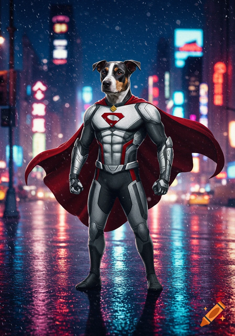 A dog wearing a superhero costume stands in a rainy city street at ...