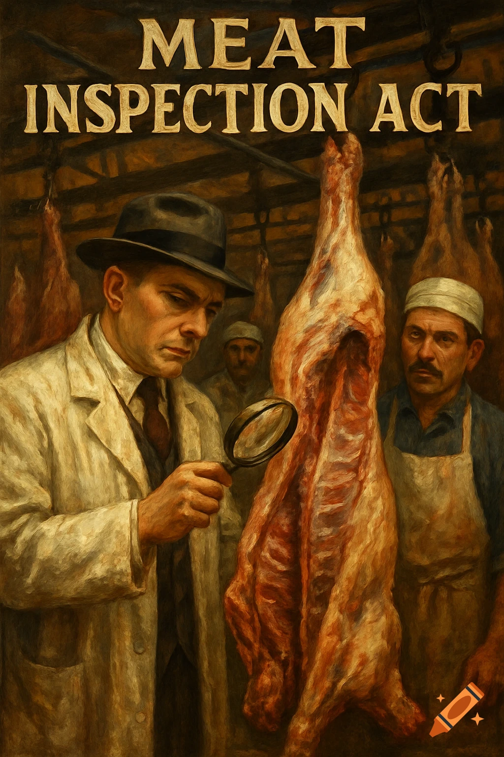 Painting of man inspecting a hanging meat carcass with a magnifying glass, text reads 'MEAT INSPECTION ACT'.