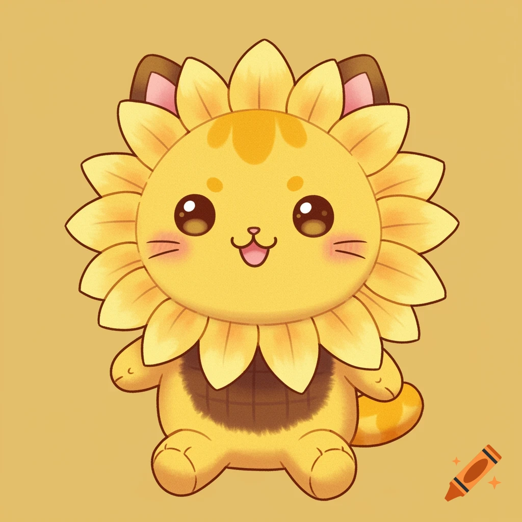 Cartoon drawing of a sunflower cat plushie