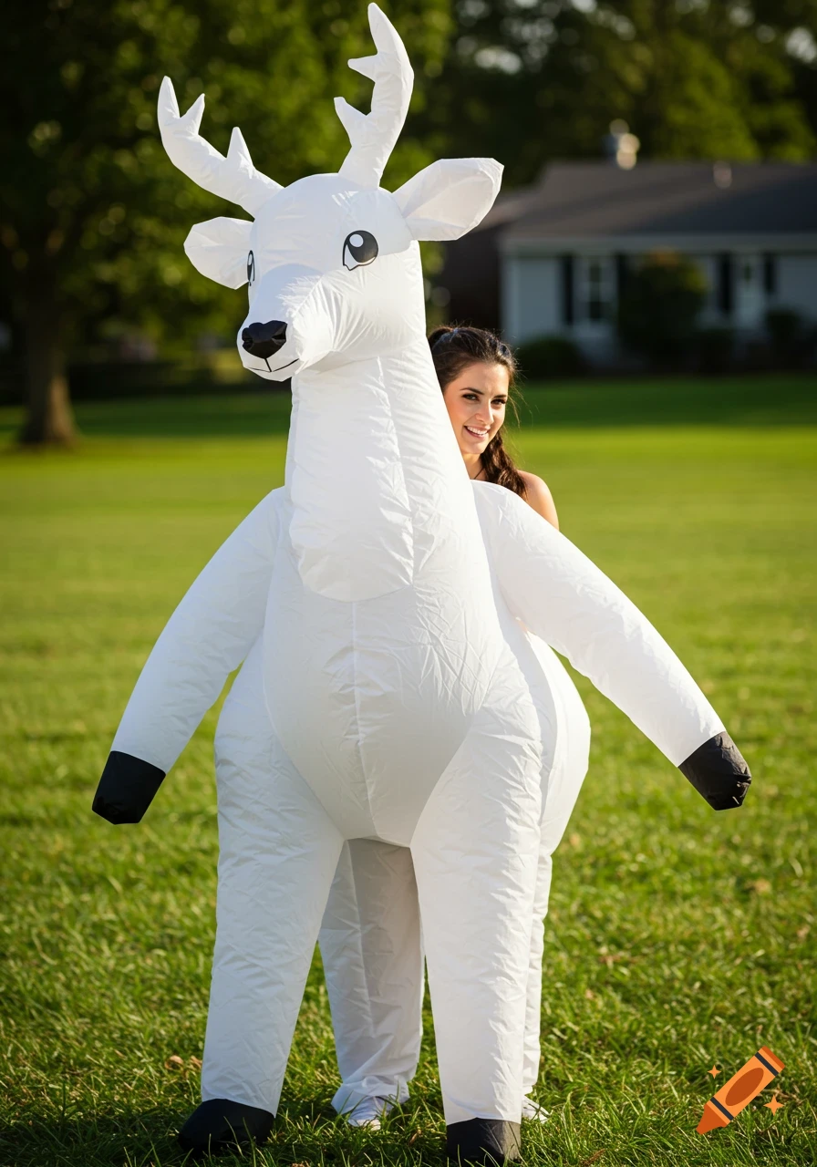 Woman wearing a large white inflatable deer costume in a grassy field.