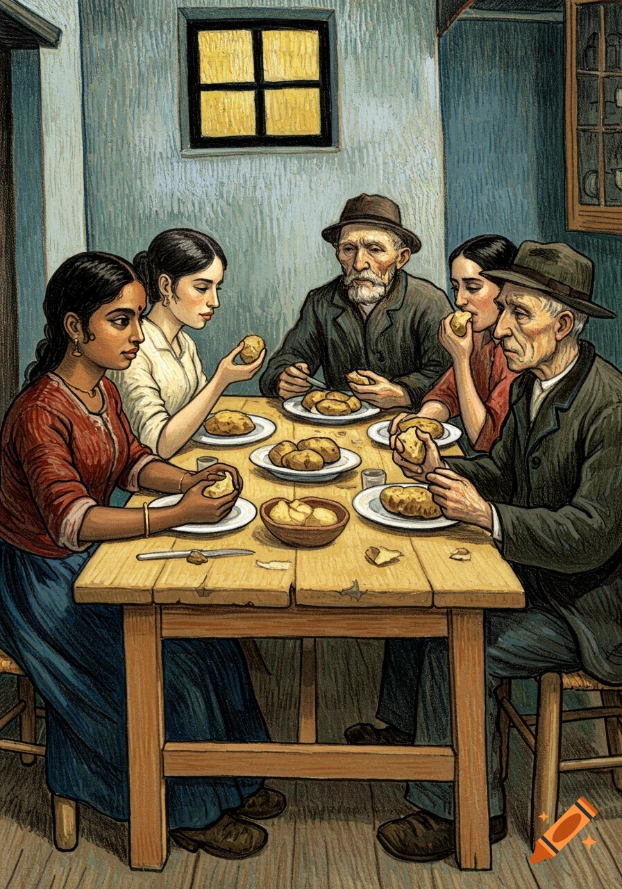 People eating potatoes at a table in a Van Gogh style drawing.