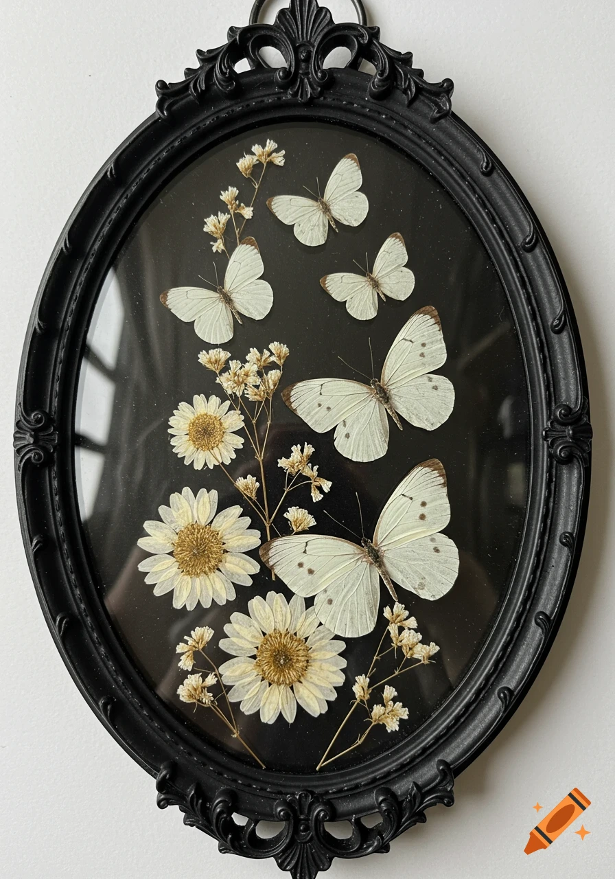 Five white butterflies and dried white flowers in a black oval frame.