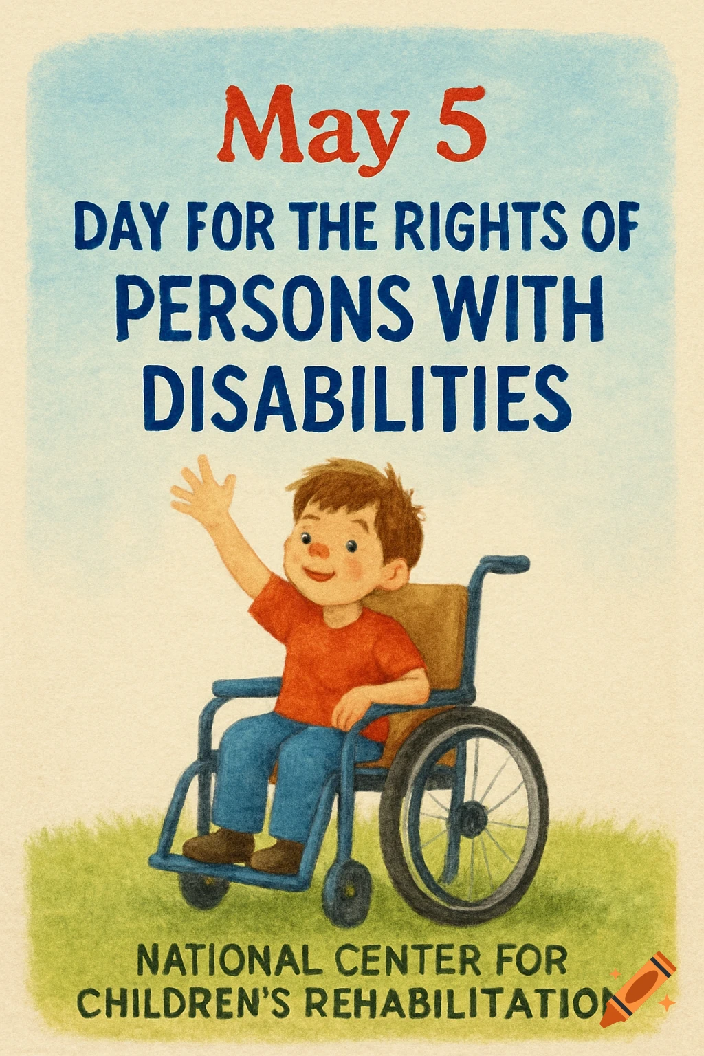 An illustration of a smiling boy in a wheelchair waving, with text "May 5 Day for the Rights of Persons with Disabilities".