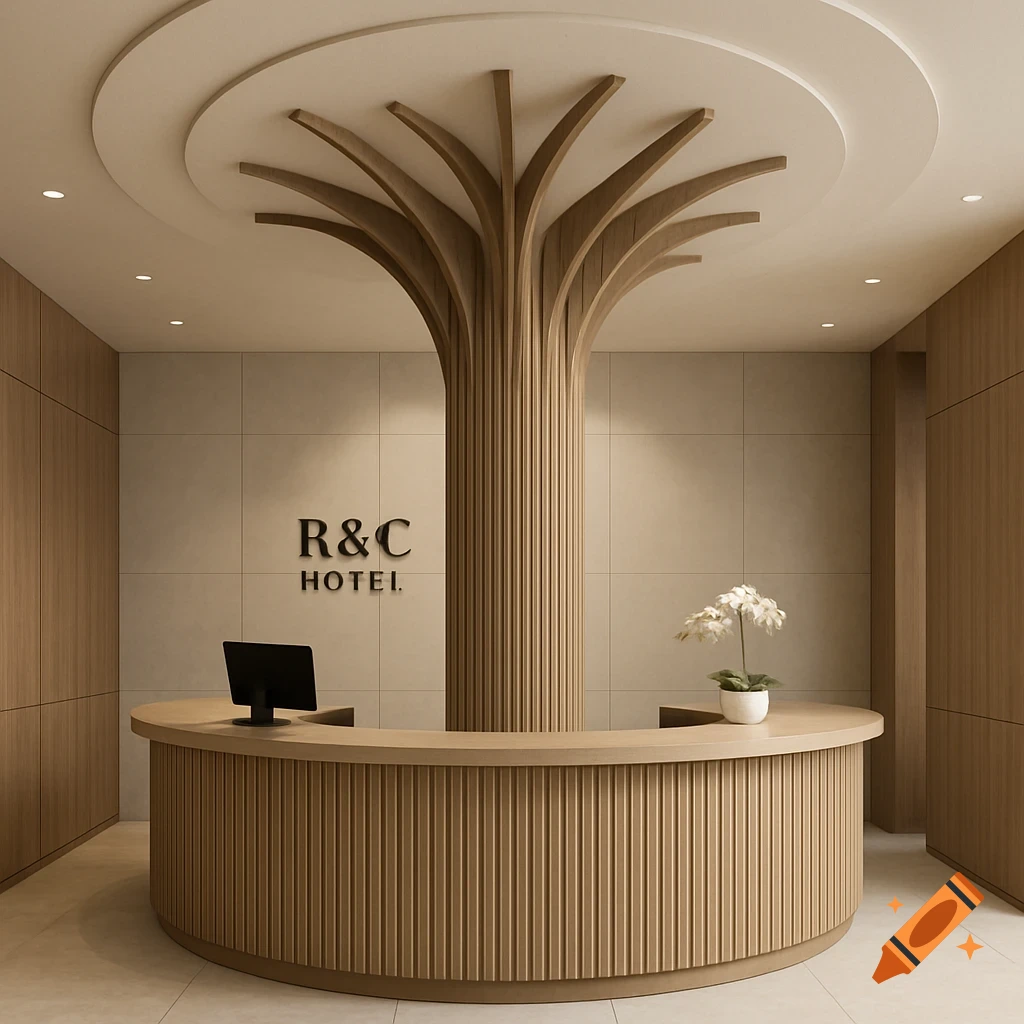Modern hotel reception desk with a large fluted column extending into a tree-like structure on the ceiling. Sign reads R&C HOTEL.