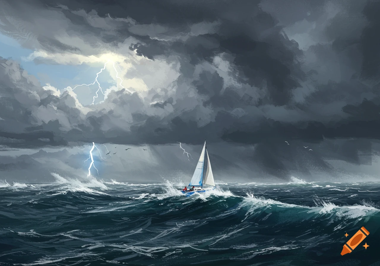 A sailboat navigates a stormy sea with lightning in a painterly style.