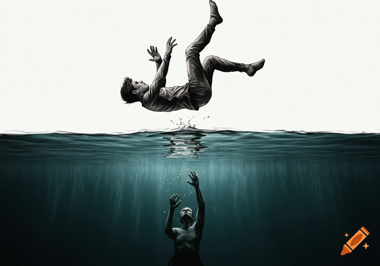 Person falls into water while another reaches up from below in dramatic grayscale illustration.