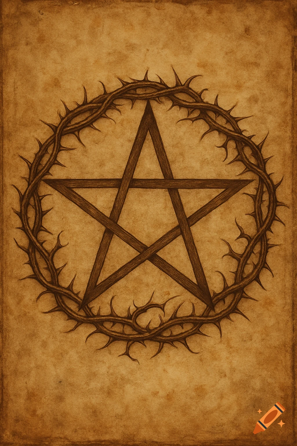 Vintage drawing of a pentagram surrounded by a crown of thorns on textured paper.