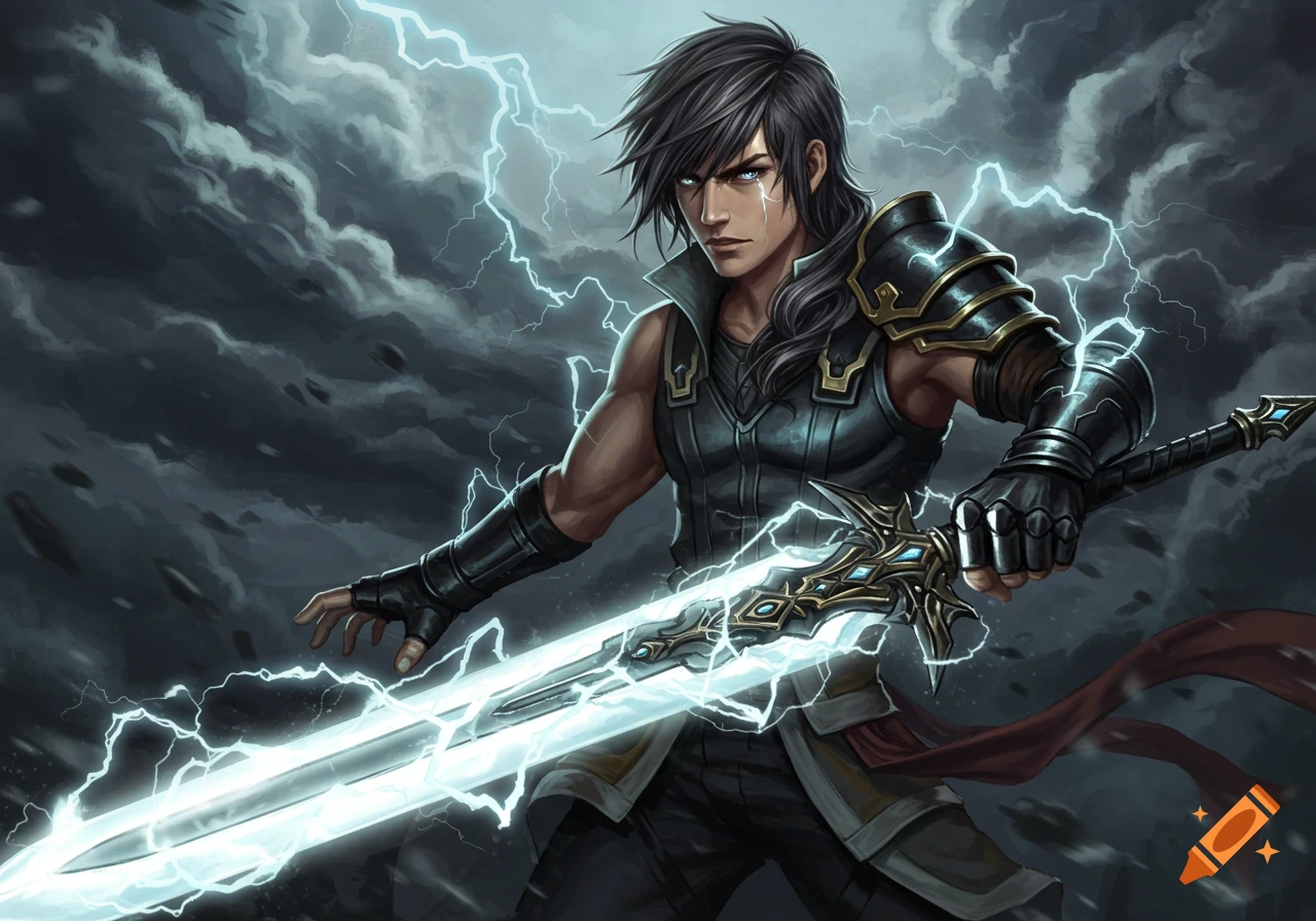 A fantasy male character holding a glowing sword with lightning in a stormy sky.