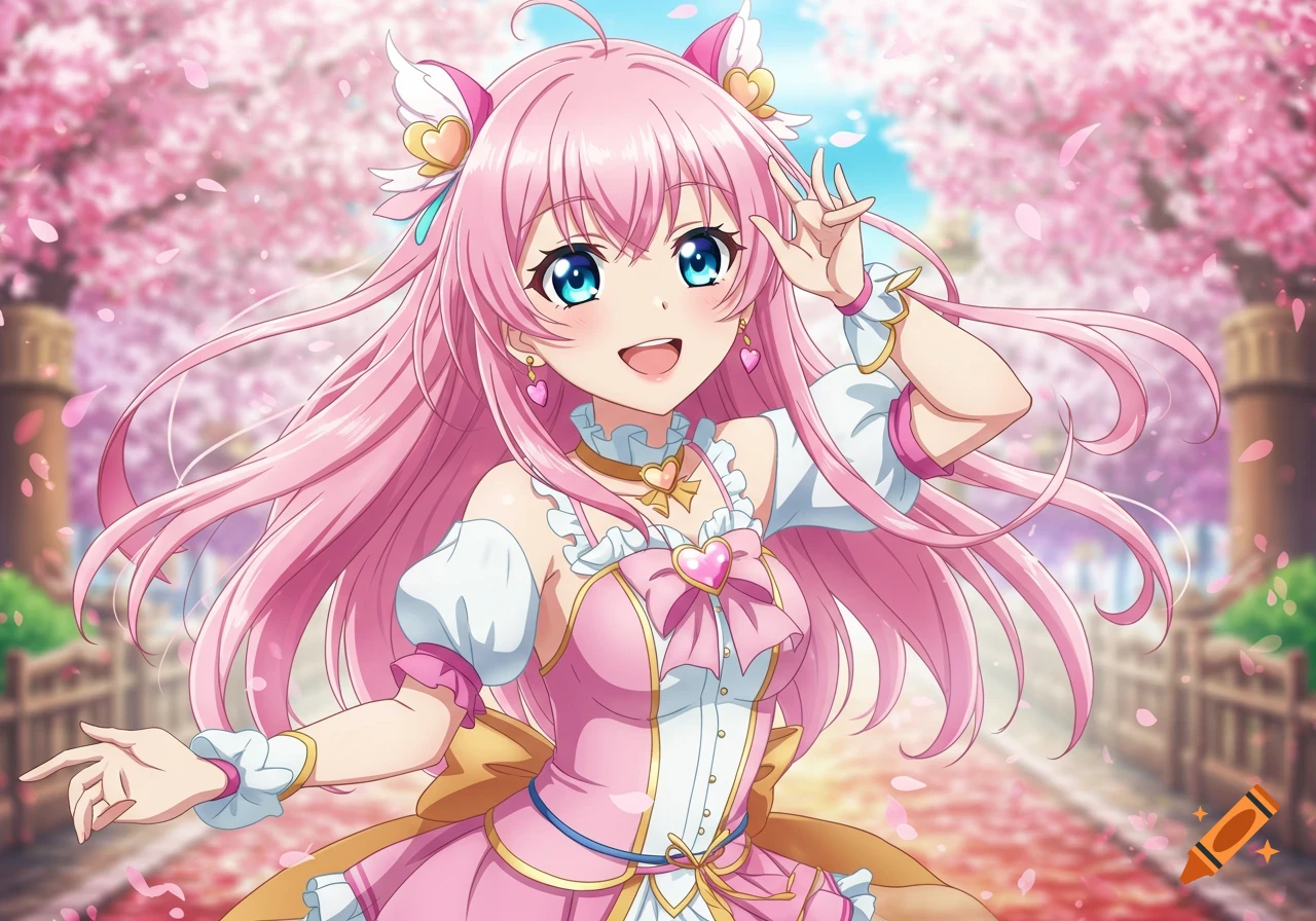 Anime girl with pink hair and a pink dress smiles in a park with cherry blossoms.