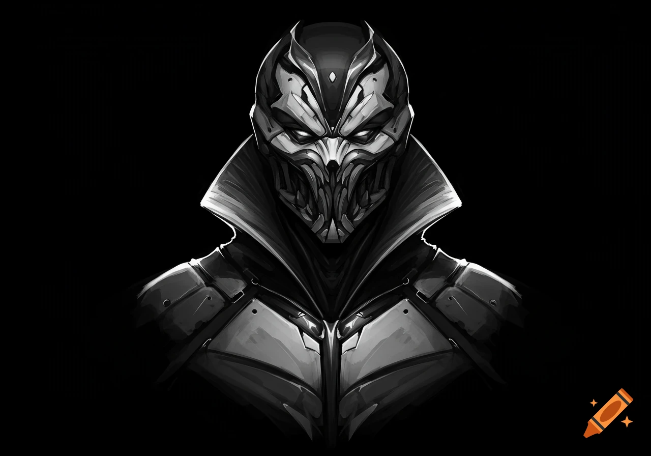 Black and white portrait illustration of a masked villain character.