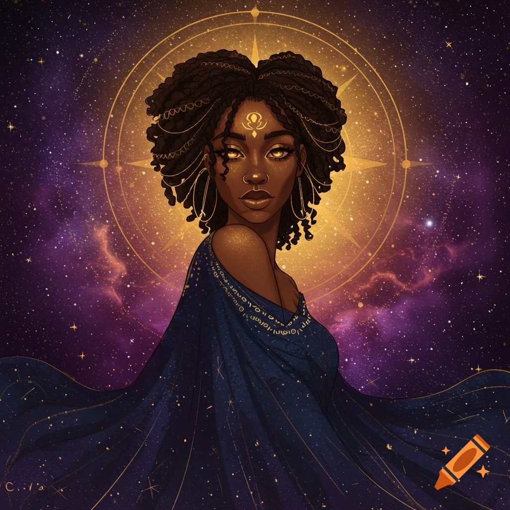 Fantasy portrait of a woman with curly hair and glowing eyes in a starry robe against a cosmic background.