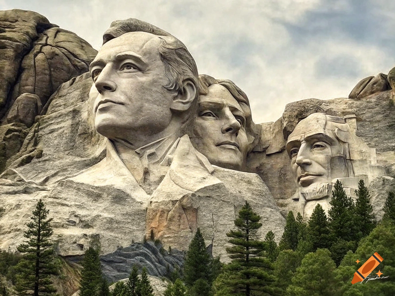 Realistic carving of three faces on a rocky mountain resembling Mount Rushmore.