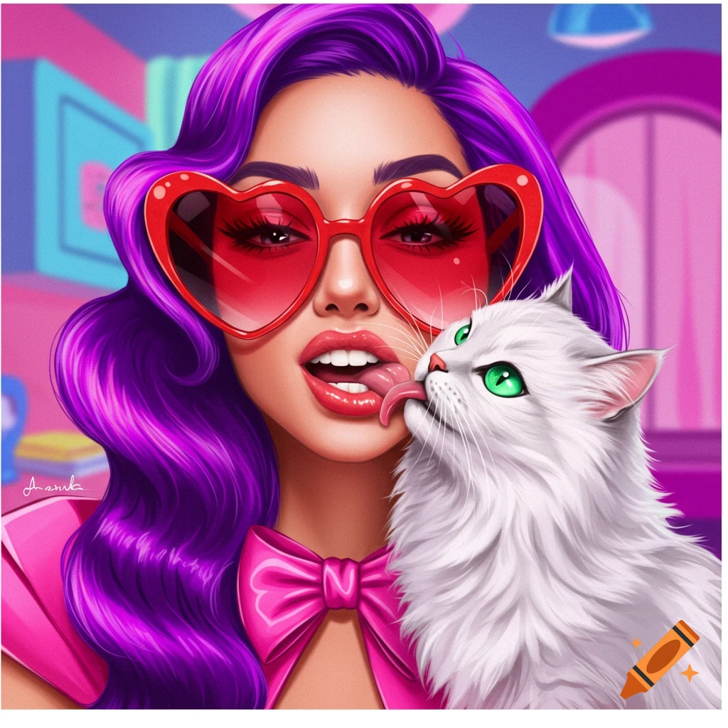 A stylized illustration of a woman with purple hair and heart sunglasses being licked by a white cat.