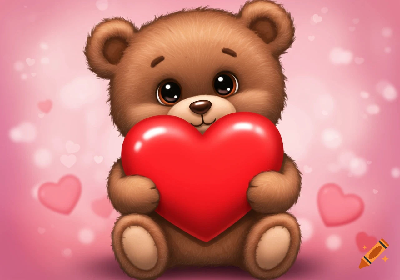 Cute cartoon bear holding a large red heart against a pink background with bokeh hearts.