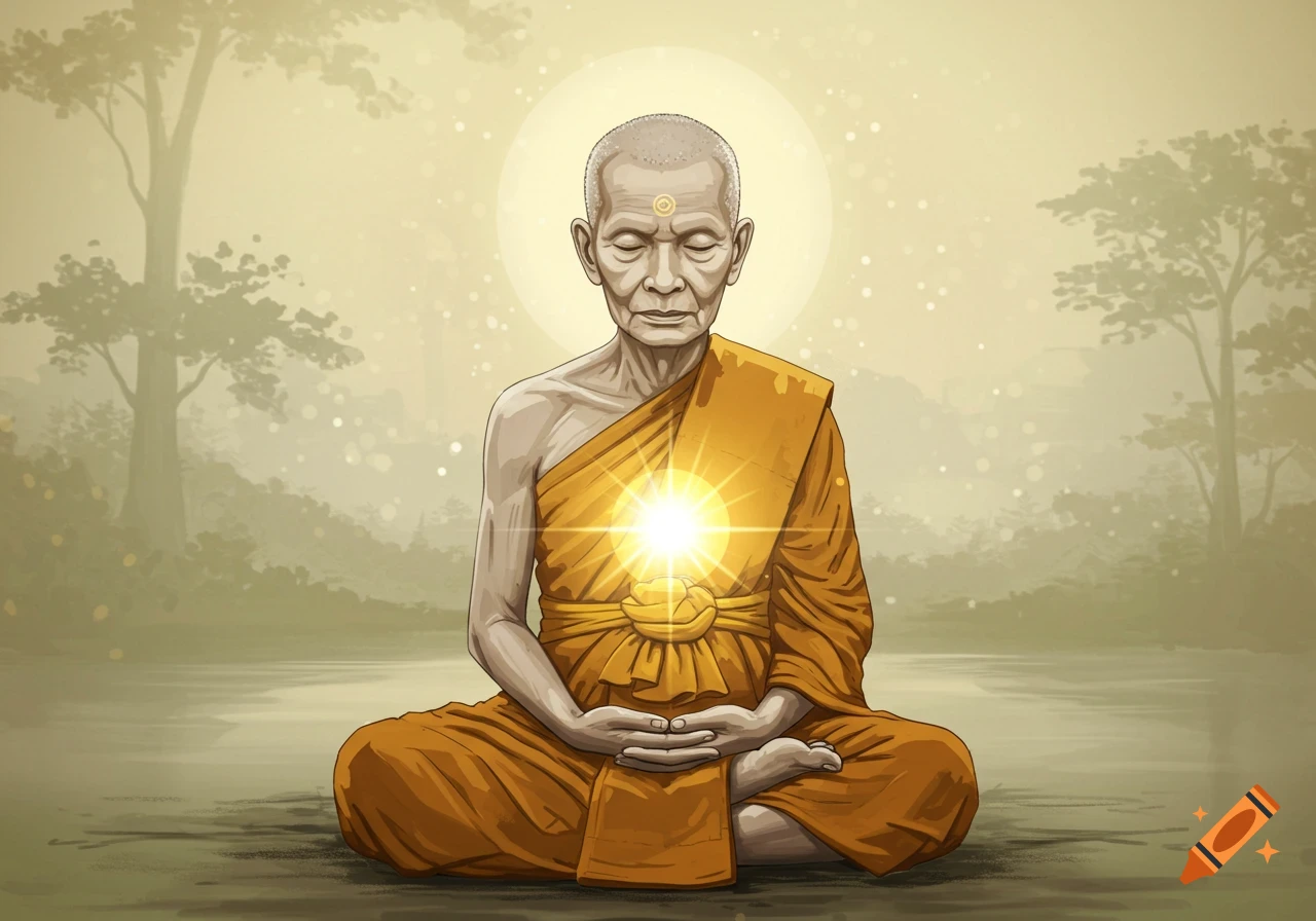 An illustration of a meditating monk with a bright light emanating from their chest