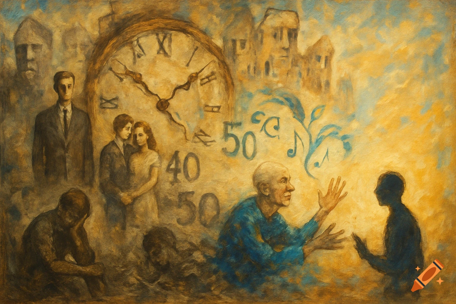 Impressionist painting symbolizing time with figures, numbers, and melting clock.