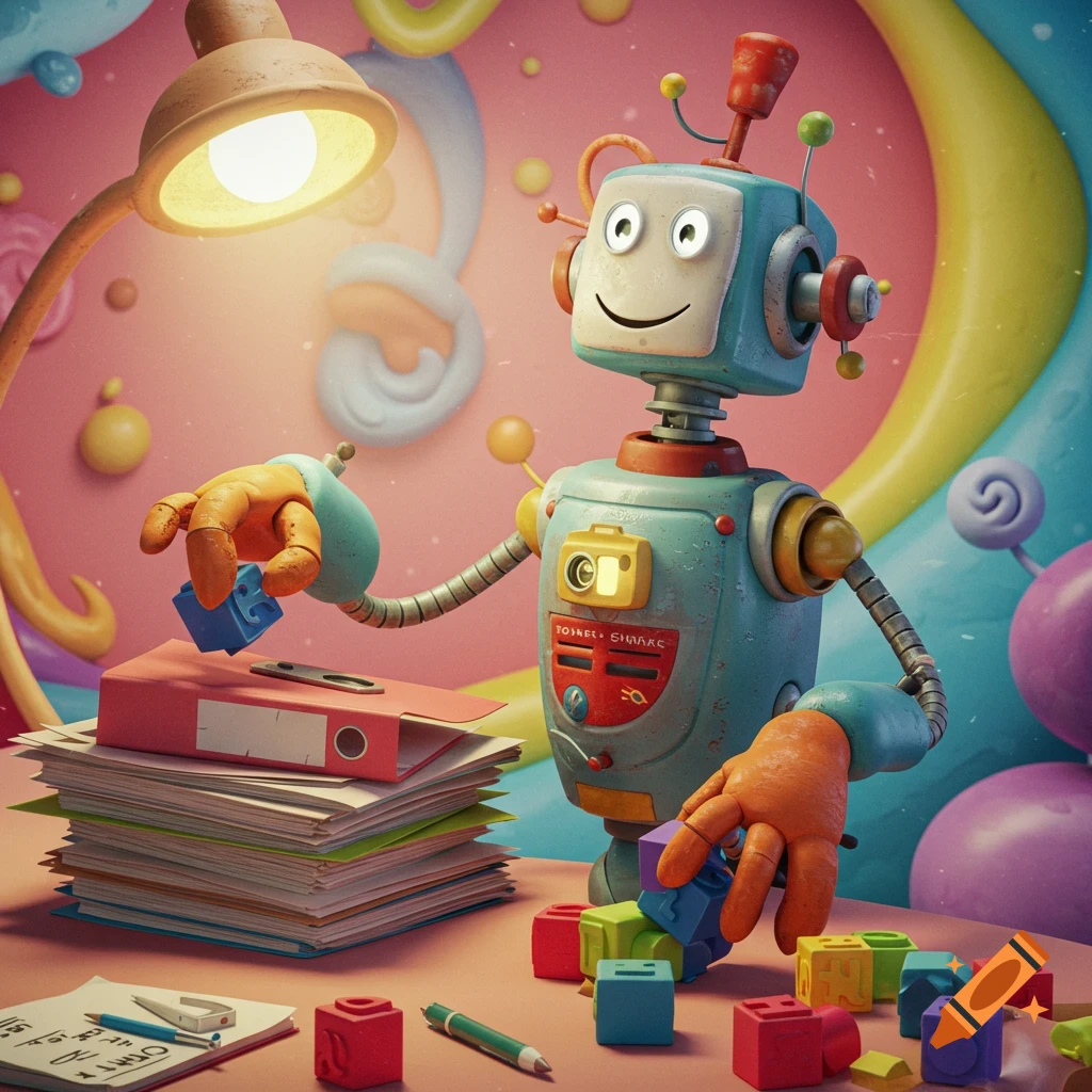 Dr. Seuss style robot organizing files and blocks on a desk in a colorful, whimsical setting.