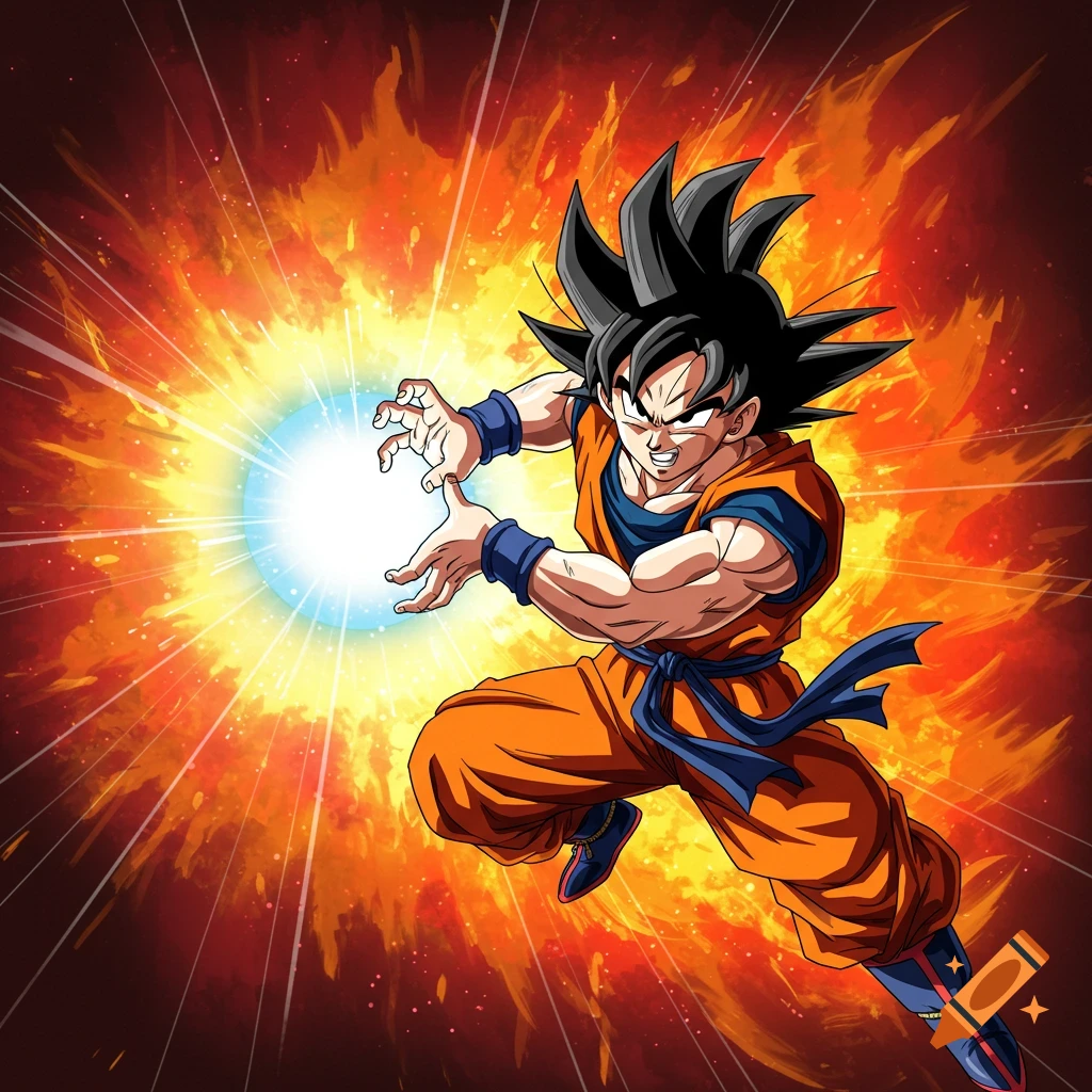 Goku powering up with a blue energy ball and fiery background.