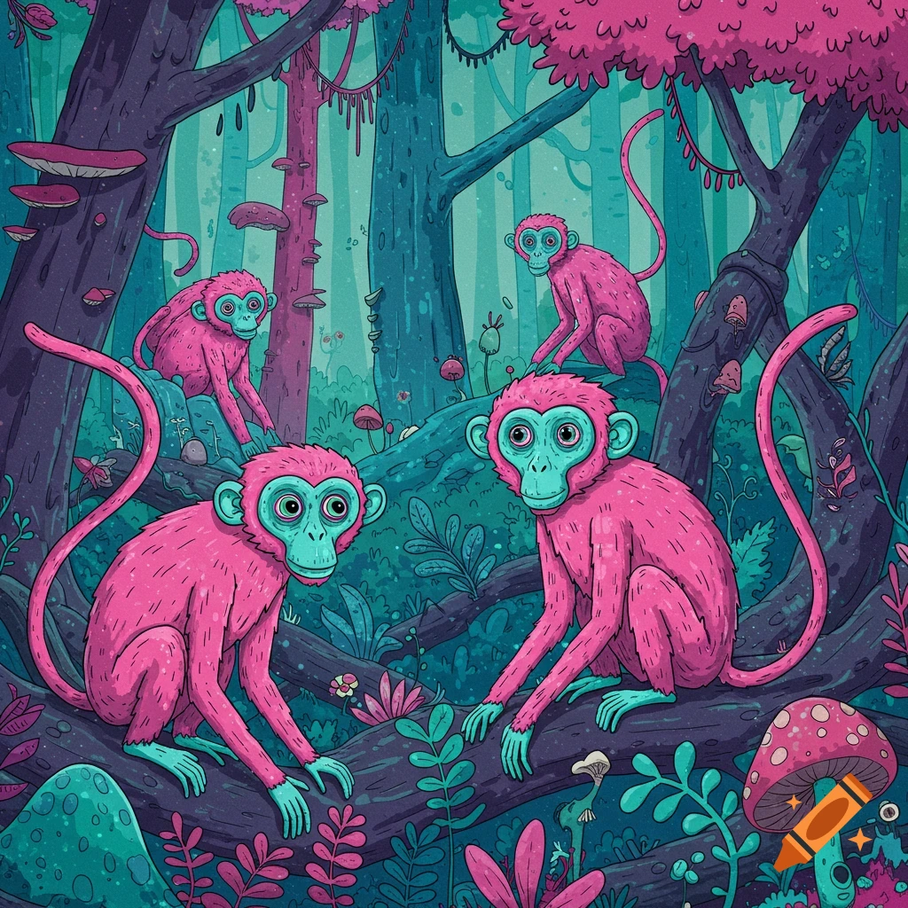 Pink and blue monkeys sit on branches in a vibrant, stylized fantasy forest.