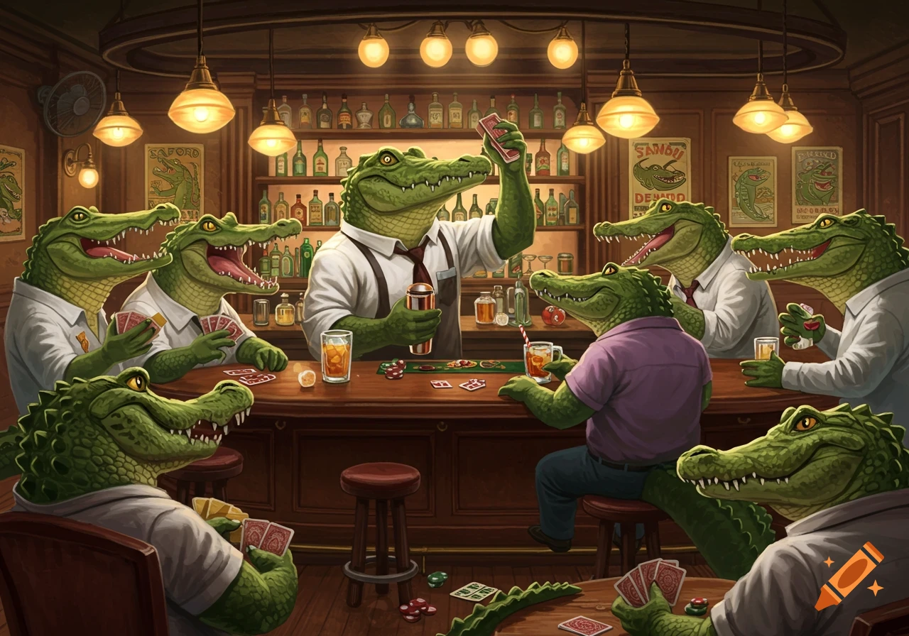 Illustration of anthropomorphic alligators playing poker in a bar
