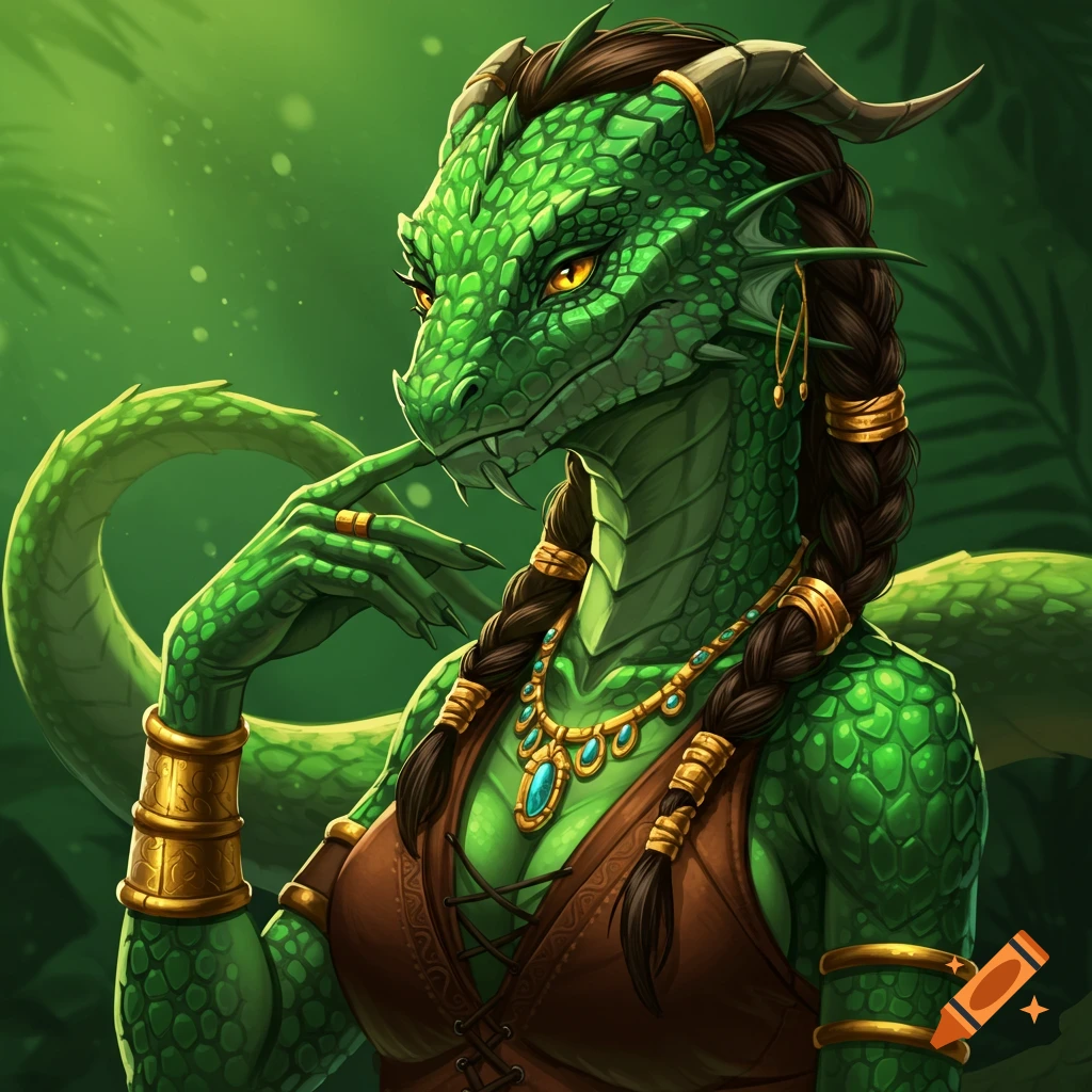 Green scale reptile female character portrait with braids, jewelry, and leather armor in a jungle setting.